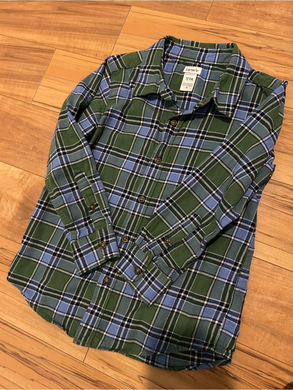 Carter's Boys Size 7 Long Sleeve Green & Blue Plaid Button-Up Shirt